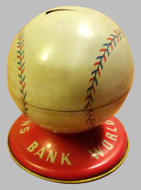1950's Ohio Art World Champions Official League Ball Tin Baseball Bank