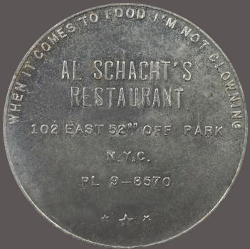 Al Schacht's Restaurant Coin Schedule Back