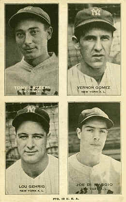 1937 Four on one Exhibit card Tony Lazzeri Vernon Gomez Lou Gehrig Joe DiMaggio 