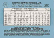 Back of 1986 Leaf Cal Ripken Jr.card number 142