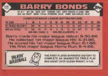 Back of 1986 Topps Traded Card 11T Barry Bonds