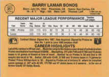 Back of 1987 Donruss Card 361 Barry Bonds Rookie
