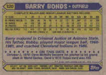 Back of 1987 Topps Card 320 Barry Bonds RC