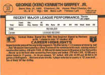 Back of 1989 Donruss Card33 Ken Griffey Jr. RC