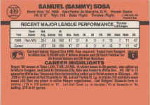 Back of 1990 Donruss Card489 Sammy Sosa Rookie