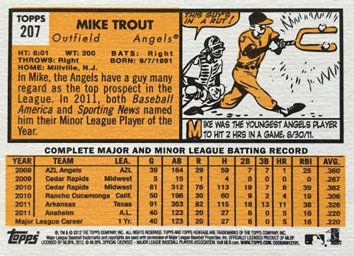 2012 Topps Heritage Baseball Card 207 Mike Trout