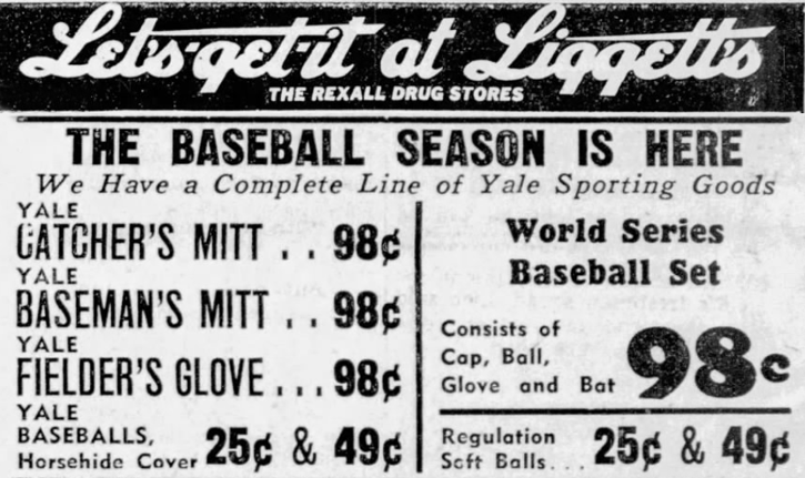 1940 Rexall Drug stores Yale Sporting Goods Ad