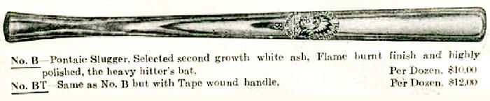 1910 Pontiac Turning Company catalog No. B Baseball Bat