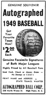 Autographed Ball Co, Ad 1949 The Sporting News