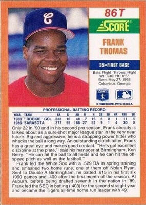 1990 Score Traded Card 86T Frank Thomas back