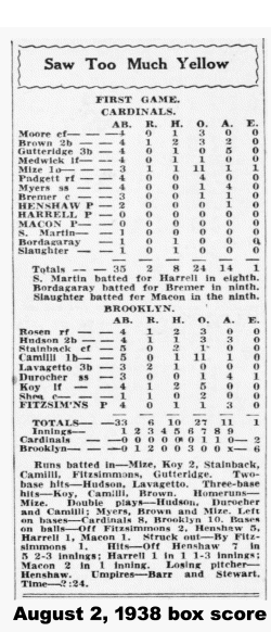 Aug. 2 1938 Box score Dodgers Vs Cardinals
