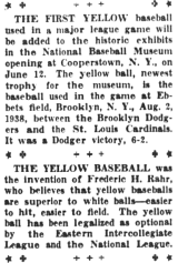 Yellow Baseball Heads to Coopertown