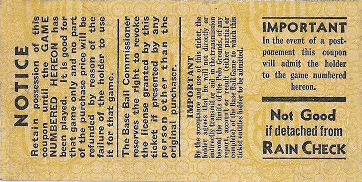 1936 World Series Polo Grounds Ticket Stub Back