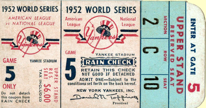 1952 World Series Yankee Stadium Ticket Stub
