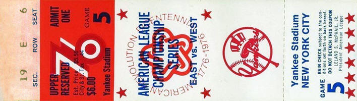 1976 American League Championship Series Game 5 Ticket Stub