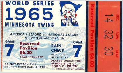 1965  World Series Ticket Stub Metropolitan Stadium