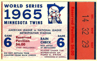 1965 Minnesota Twins World Series Ticket Stub